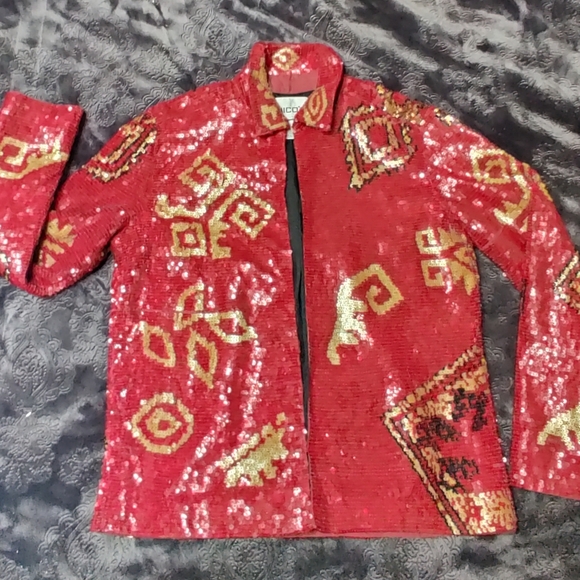 Chico's Jackets & Blazers - Chicos Red Sequin Open Jacket Holiday Unisex Size 1